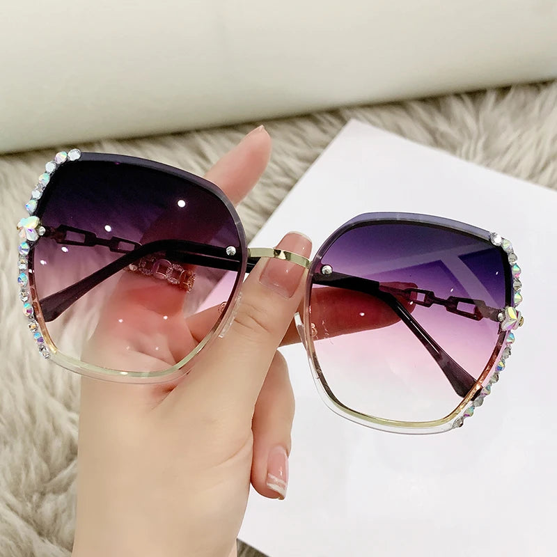 Rhinestone Decor Rimless Fashion Sunglasses For Women Men Casual Gradient Glasses For Summer Beach Party UV400.