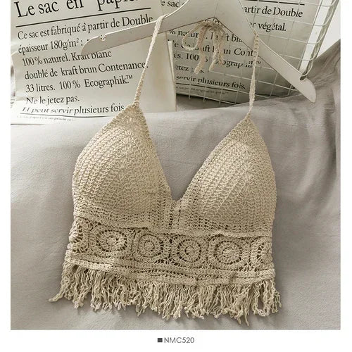 2026 Crop Tops Retro Wild Hollow Perspective Tassel Sexy Spaghetti Strap Tanke Top Women Built In Bra New Back Lace Halter Neck.