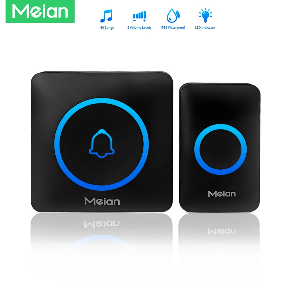 Meian Smart Home Doorbell Wireless Security Doorbell IP65 Waterproof Outdoor Door Bell 60 Songs 5 Volume Adjustable Chime Kit.