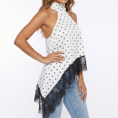 Women Y2k Mock Neck Halter Top Satin Lace Asymmetrical Hem Tank Tops Sleeveless Elegant Going Out Crop Tops.