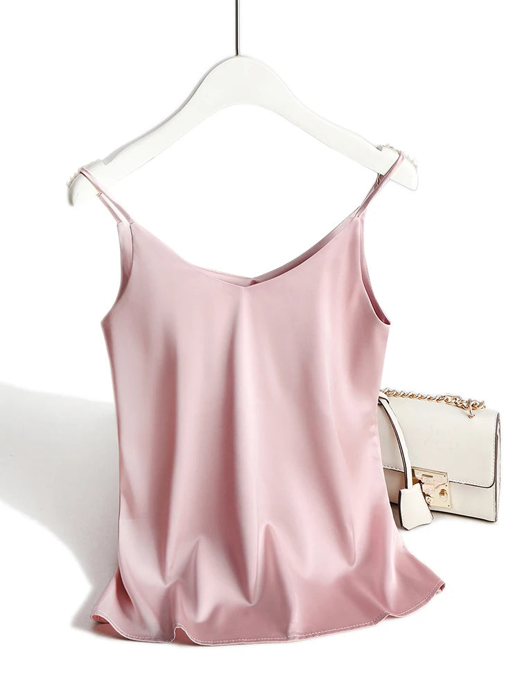 AOSSVIAO 2026 Spaghetti Strap Top Women Halter V Neck Basic White Cami Sleeveless Satin Silk Tank Tops Women'S Summer Camisole.