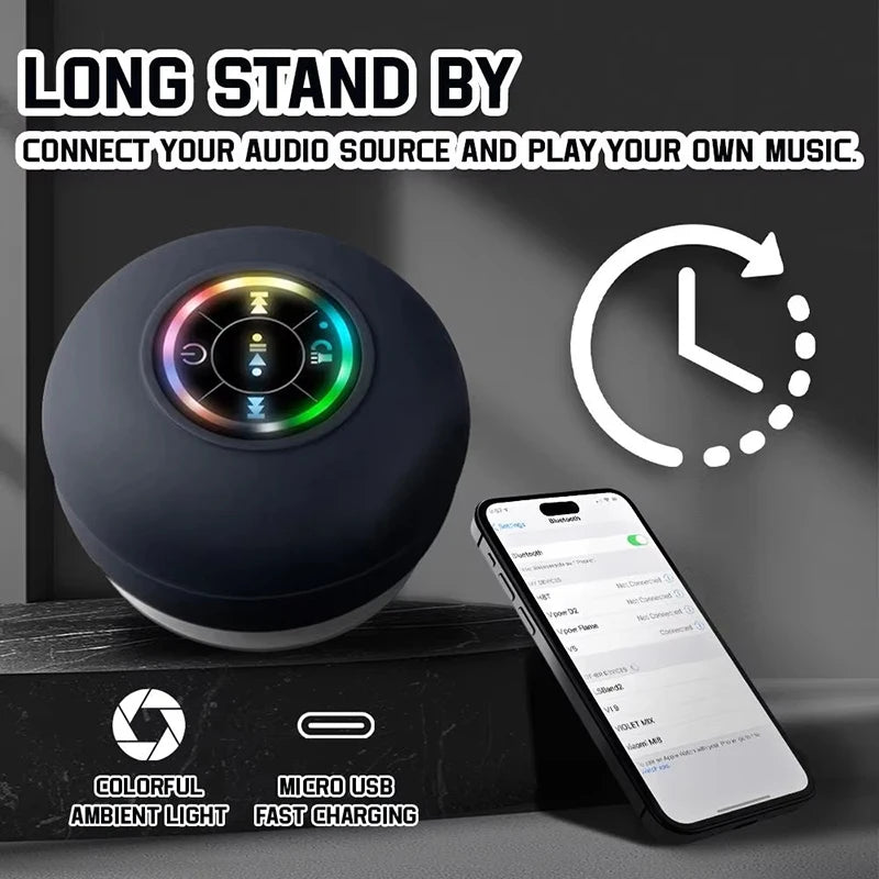 Portable Wireless Bluetooth 5.0 Speaker LED IPX4 Waterproof Loudspeaker Outdoor Bathroom Large Suction Cup Mini Stereo Sound Box.