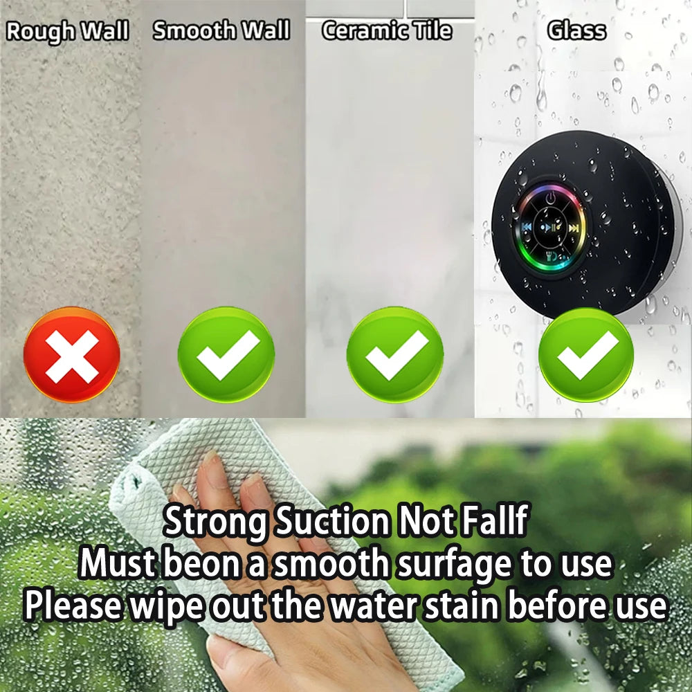 Portable Wireless Bluetooth 5.0 Speaker LED IPX4 Waterproof Loudspeaker Outdoor Bathroom Large Suction Cup Mini Stereo Sound Box.