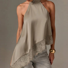 Women Y2k Mock Neck Halter Top Satin Lace Asymmetrical Hem Tank Tops Sleeveless Elegant Going Out Crop Tops.