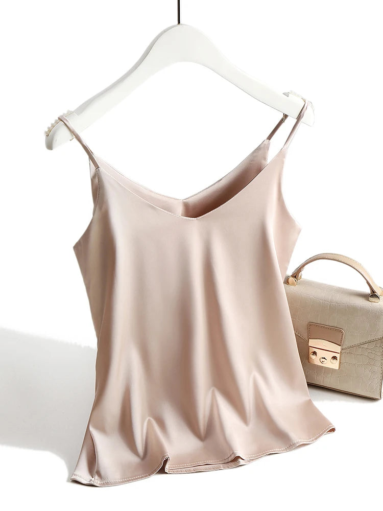 AOSSVIAO 2026 Spaghetti Strap Top Women Halter V Neck Basic White Cami Sleeveless Satin Silk Tank Tops Women'S Summer Camisole.