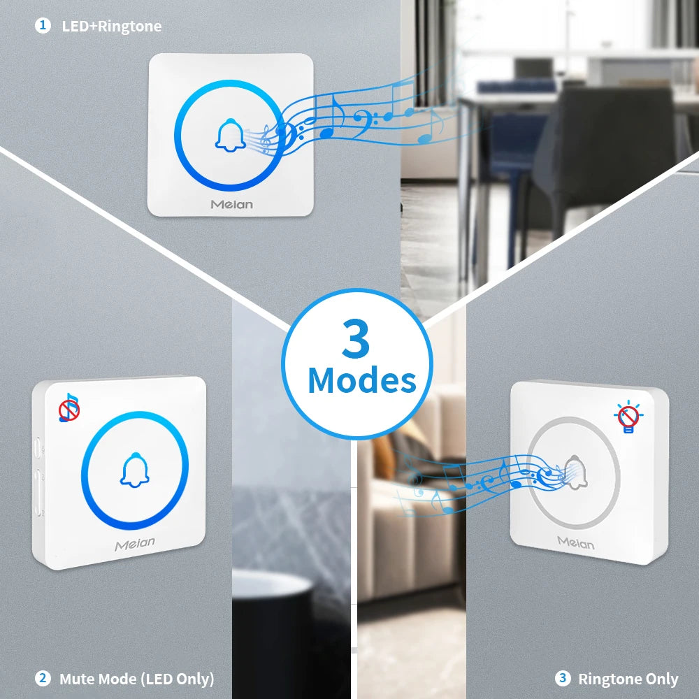 Meian Smart Home Doorbell Wireless Security Doorbell IP65 Waterproof Outdoor Door Bell 60 Songs 5 Volume Adjustable Chime Kit.