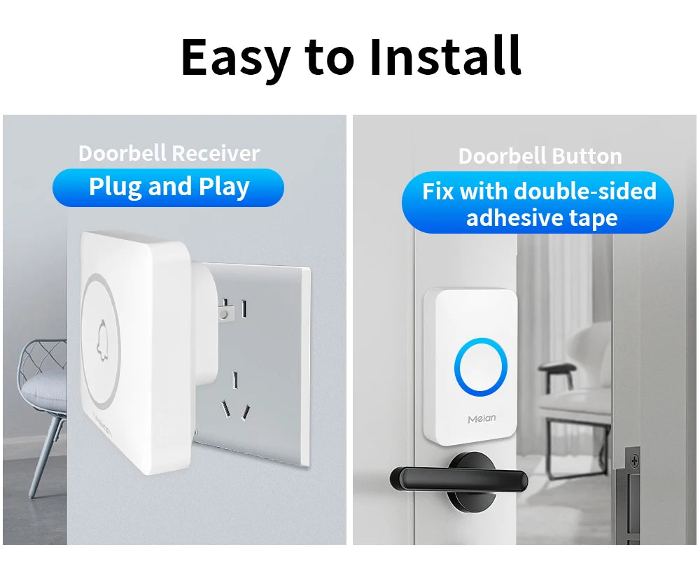 Meian Smart Home Doorbell Wireless Security Doorbell IP65 Waterproof Outdoor Door Bell 60 Songs 5 Volume Adjustable Chime Kit.