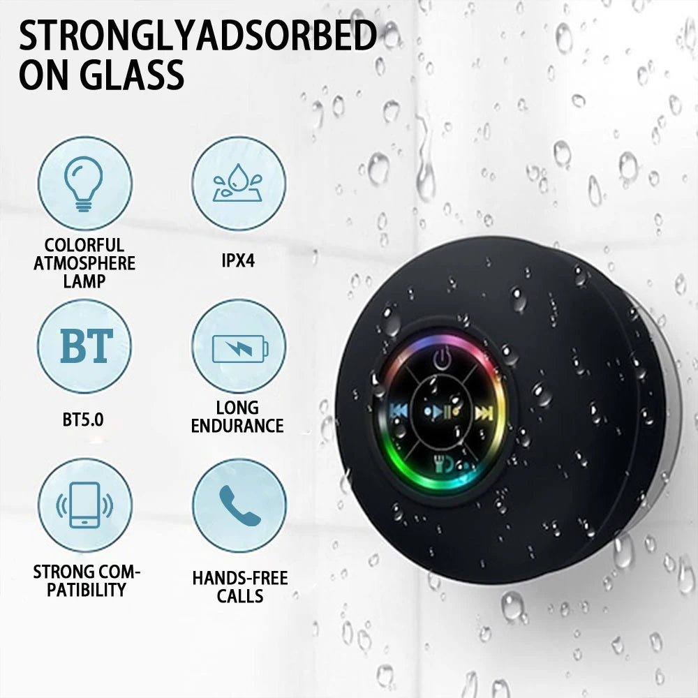 Portable Wireless Bluetooth 5.0 Speaker LED IPX4 Waterproof Loudspeaker Outdoor Bathroom Large Suction Cup Mini Stereo Sound Box.