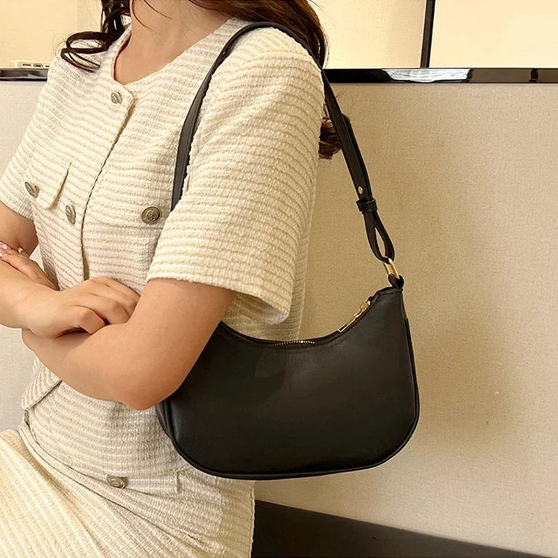 Women Luxury Solid Color PU Leather Shoulder Clutch Underarm Casual Tote Bag.