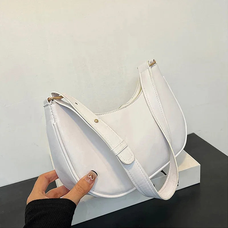 Women Luxury Solid Color PU Leather Shoulder Clutch Underarm Casual Tote Bag.