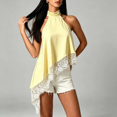 Women Y2k Mock Neck Halter Top Satin Lace Asymmetrical Hem Tank Tops Sleeveless Elegant Going Out Crop Tops.