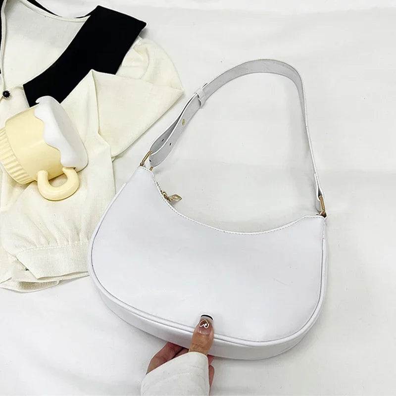 Women Luxury Solid Color PU Leather Shoulder Clutch Underarm Casual Tote Bag.